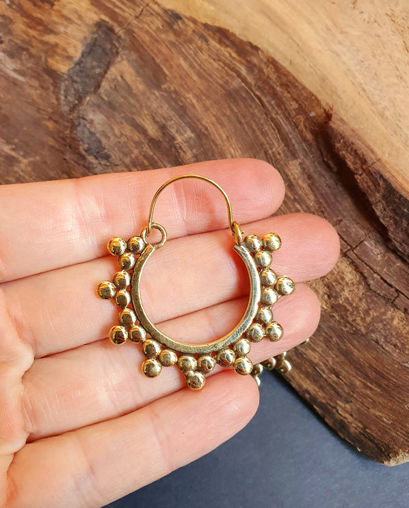 Gypsy Flower Brass Hoop Earrings; Ethnic, Geometric, Rustic, Yoga, Hippie, Gypsy, Pretty, Psy, Boho, Bohemian, Festival