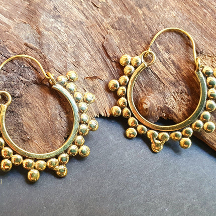 Gypsy Flower Brass Hoop Earrings; Ethnic, Geometric, Rustic, Yoga, Hippie, Gypsy, Pretty, Psy, Boho, Bohemian, Festival