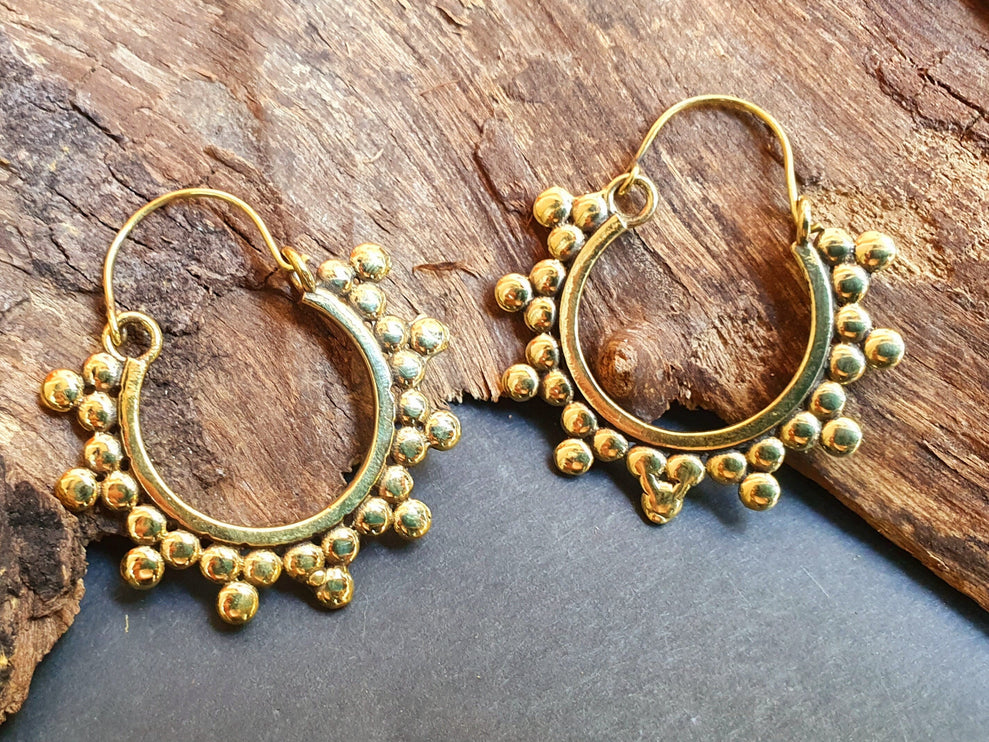 Gypsy Flower Brass Hoop Earrings; Ethnic, Geometric, Rustic, Yoga, Hippie, Gypsy, Pretty, Psy, Boho, Bohemian, Festival