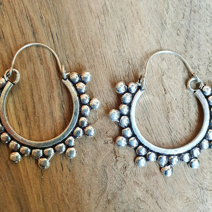 Gypsy Flower Silver Hoop Earrings; Ethnic, Geometric, Rustic, Yoga, Hippie, Gypsy, Pretty, Psy, Boho, Bohemian, Festival