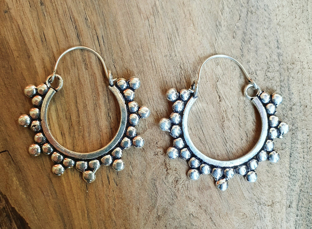 Gypsy Flower Silver Hoop Earrings; Ethnic, Geometric, Rustic, Yoga, Hippie, Gypsy, Pretty, Psy, Boho, Bohemian, Festival