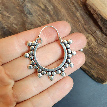 Gypsy Flower Silver Hoop Earrings; Ethnic, Geometric, Rustic, Yoga, Hippie, Gypsy, Pretty, Psy, Boho, Bohemian, Festival