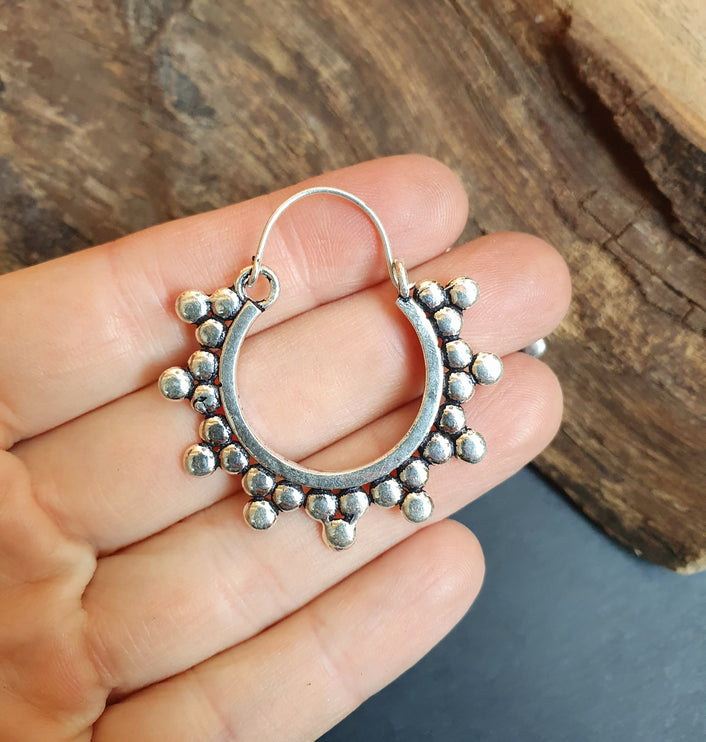 Gypsy Flower Silver Hoop Earrings; Ethnic, Geometric, Rustic, Yoga, Hippie, Gypsy, Pretty, Psy, Boho, Bohemian, Festival