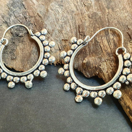 Gypsy Flower Silver Hoop Earrings; Ethnic, Geometric, Rustic, Yoga, Hippie, Gypsy, Pretty, Psy, Boho, Bohemian, Festival