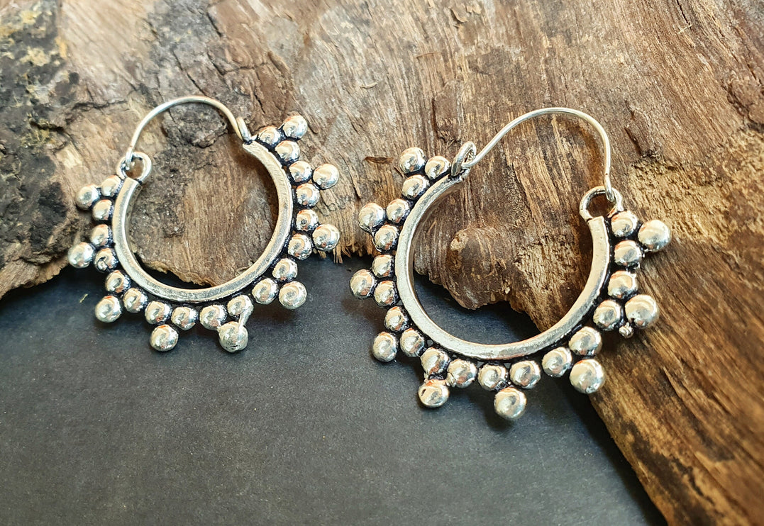 Gypsy Flower Silver Hoop Earrings; Ethnic, Geometric, Rustic, Yoga, Hippie, Gypsy, Pretty, Psy, Boho, Bohemian, Festival