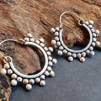 Gypsy Flower Silver Hoop Earrings; Ethnic, Geometric, Rustic, Yoga, Hippie, Gypsy, Pretty, Psy, Boho, Bohemian, Festival