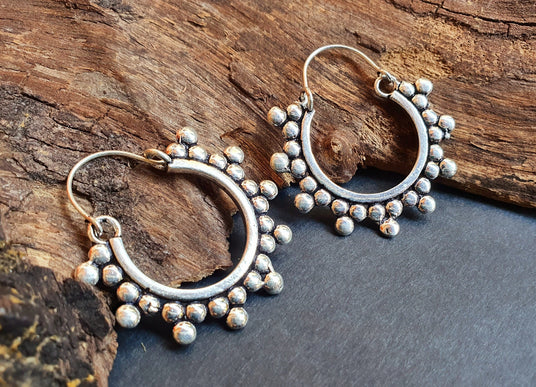 Gypsy Flower Silver Hoop Earrings; Ethnic, Geometric, Rustic, Yoga, Hippie, Gypsy, Pretty, Psy, Boho, Bohemian, Festival