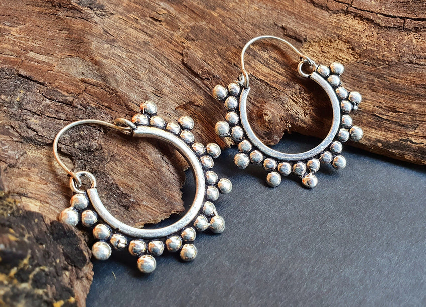 Gypsy Flower Silver Hoop Earrings; Ethnic, Geometric, Rustic, Yoga, Hippie, Gypsy, Pretty, Psy, Boho, Bohemian, Festival