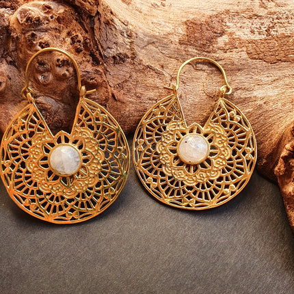 Golden Ethnic Moonstone Earrings Ethnic, rustic, yoga, hippie, gypsy, pretty, psy, boho, bohemian, festival