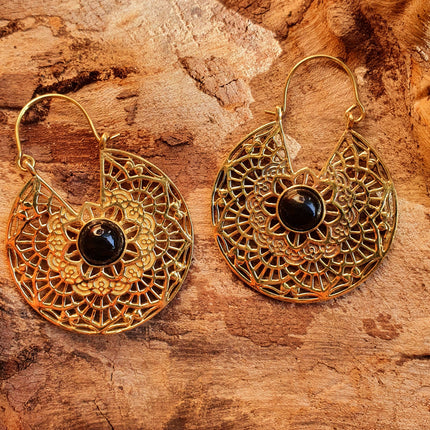 Golden Ethnic Black Onyx Earrings Ethnic, rustic, yoga, hippie, gypsy, pretty, psy, boho, bohemian, festival