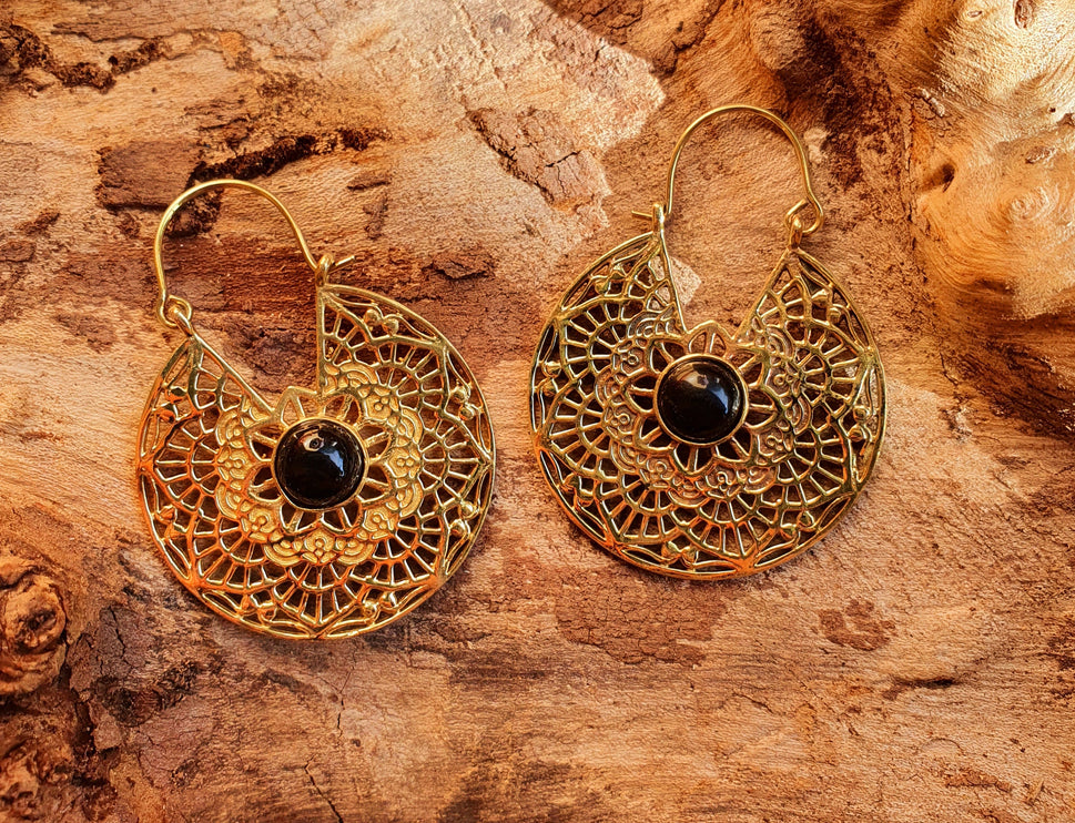 Golden Ethnic Black Onyx Earrings Ethnic, rustic, yoga, hippie, gypsy, pretty, psy, boho, bohemian, festival