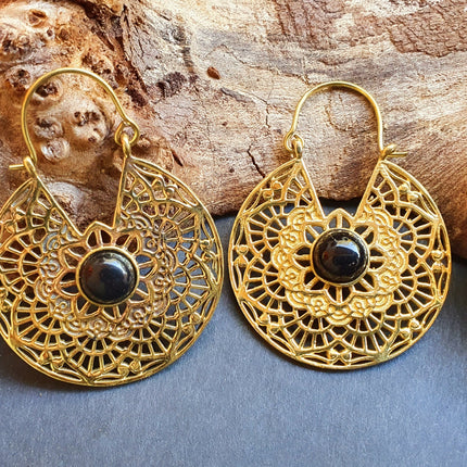 Golden Ethnic Black Onyx Earrings Ethnic, rustic, yoga, hippie, gypsy, pretty, psy, boho, bohemian, festival