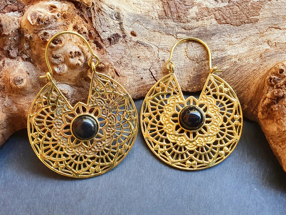 Golden Ethnic Black Onyx Earrings Ethnic, rustic, yoga, hippie, gypsy, pretty, psy, boho, bohemian, festival