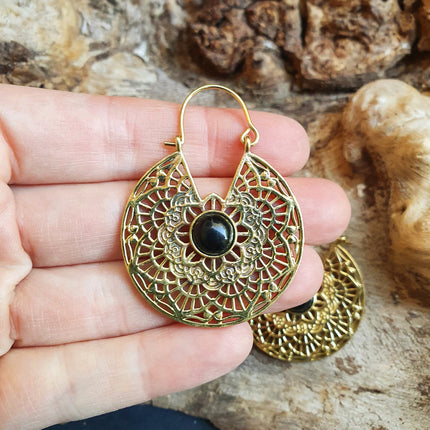 Golden Ethnic Black Onyx Earrings Ethnic, rustic, yoga, hippie, gypsy, pretty, psy, boho, bohemian, festival