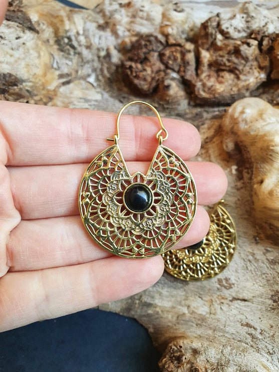 Golden Ethnic Black Onyx Earrings Ethnic, rustic, yoga, hippie, gypsy, pretty, psy, boho, bohemian, festival