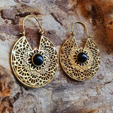 Golden Ethnic Black Onyx Earrings Ethnic, rustic, yoga, hippie, gypsy, pretty, psy, boho, bohemian, festival