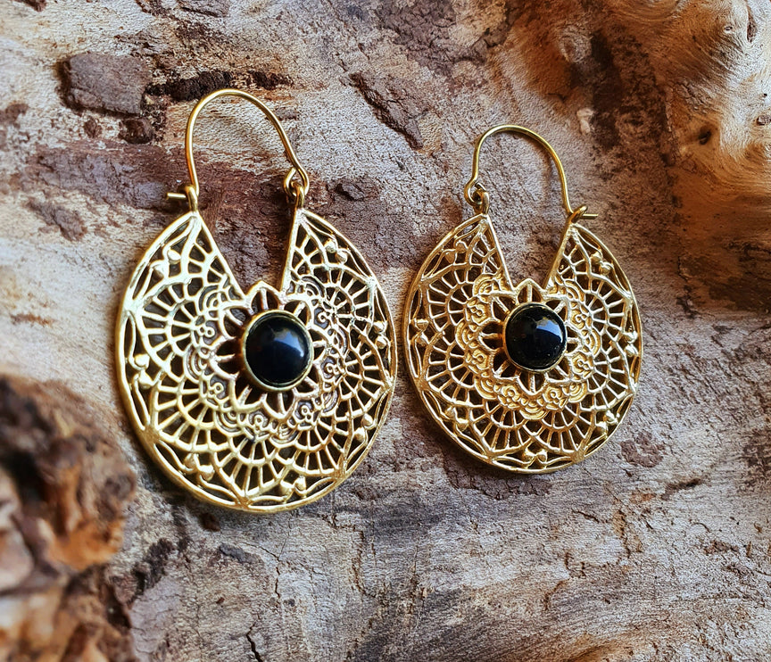 Golden Ethnic Black Onyx Earrings Ethnic, rustic, yoga, hippie, gypsy, pretty, psy, boho, bohemian, festival