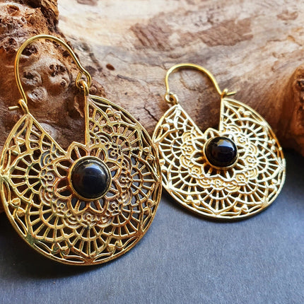 Golden Ethnic Black Onyx Earrings Ethnic, rustic, yoga, hippie, gypsy, pretty, psy, boho, bohemian, festival