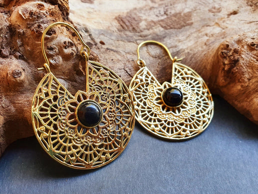 Golden Ethnic Black Onyx Earrings Ethnic, rustic, yoga, hippie, gypsy, pretty, psy, boho, bohemian, festival