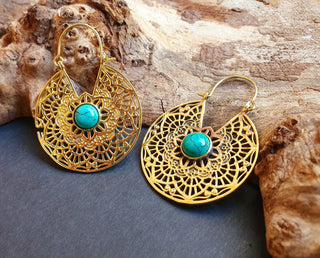 Golden Ethnic Turquoise Earrings Ethnic, rustic, yoga, hippie, gypsy, pretty, psy, boho, bohemian, festival