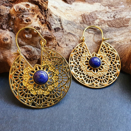 Golden Ethnic Lapis Lazuli Earrings Ethnic, Blue Stone , rustic, yoga, hippie, gypsy, pretty, psy, boho, bohemian, festival