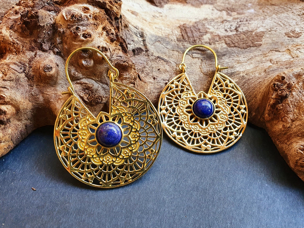 Golden Ethnic Lapis Lazuli Earrings Ethnic, Blue Stone , rustic, yoga, hippie, gypsy, pretty, psy, boho, bohemian, festival