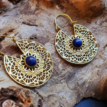 Golden Ethnic Lapis Lazuli Earrings Ethnic, Blue Stone , rustic, yoga, hippie, gypsy, pretty, psy, boho, bohemian, festival