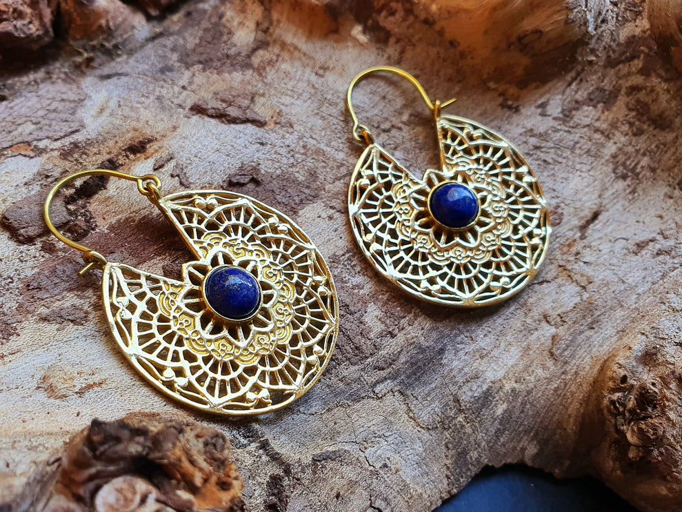 Golden Ethnic Lapis Lazuli Earrings Ethnic, Blue Stone , rustic, yoga, hippie, gypsy, pretty, psy, boho, bohemian, festival