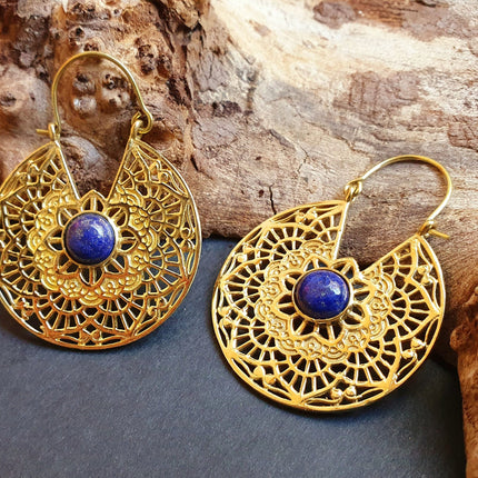 Golden Ethnic Lapis Lazuli Earrings Ethnic, Blue Stone , rustic, yoga, hippie, gypsy, pretty, psy, boho, bohemian, festival