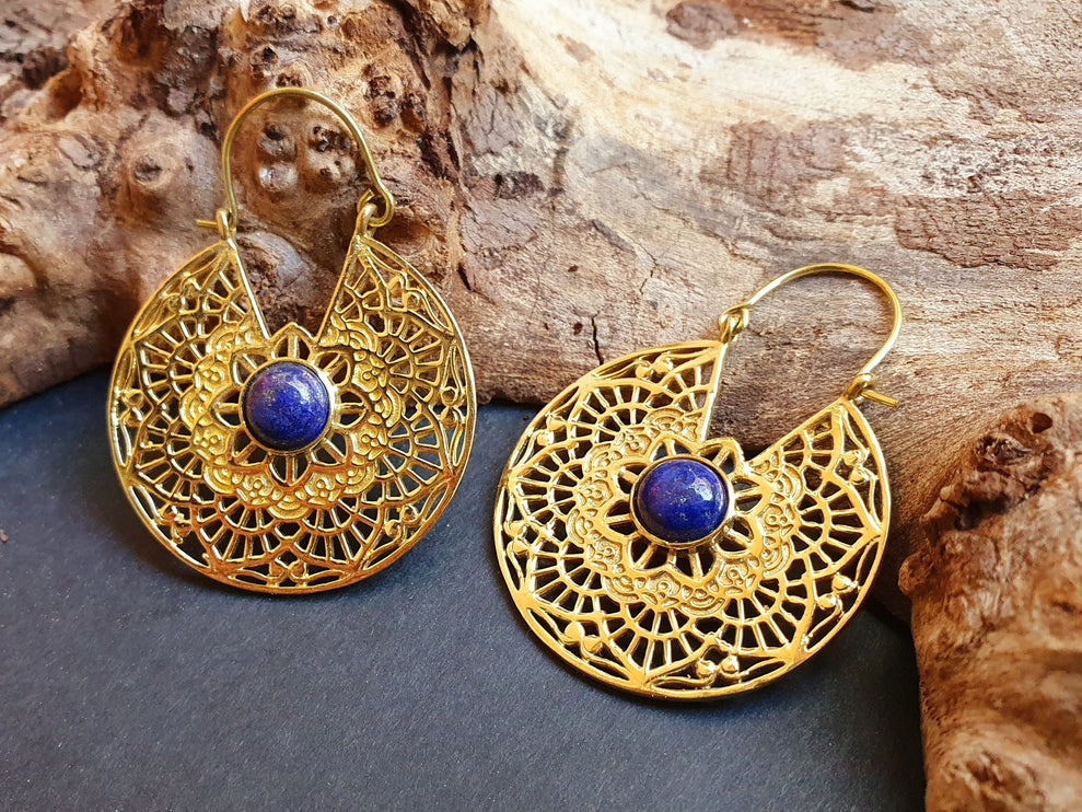 Golden Ethnic Lapis Lazuli Earrings Ethnic, Blue Stone , rustic, yoga, hippie, gypsy, pretty, psy, boho, bohemian, festival