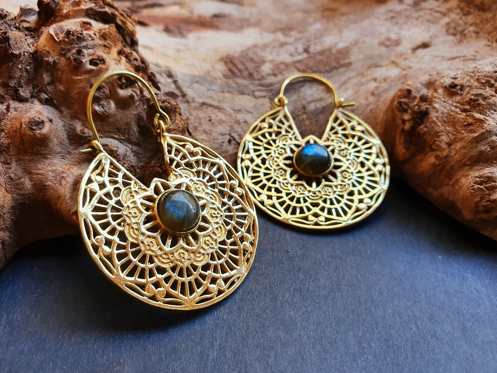 Golden Ethnic Labradorite Earrings Ethnic, Blue Stone , rustic, yoga, hippie, gypsy, pretty, psy, boho, bohemian, festival