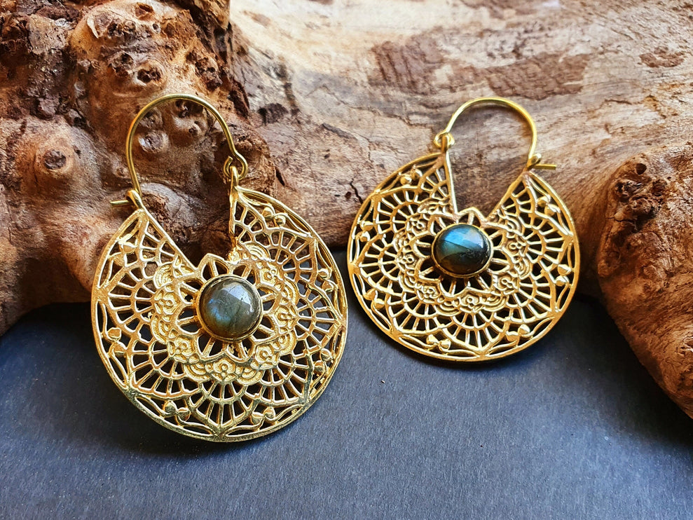 Golden Ethnic Labradorite Earrings Ethnic, Blue Stone , rustic, yoga, hippie, gypsy, pretty, psy, boho, bohemian, festival