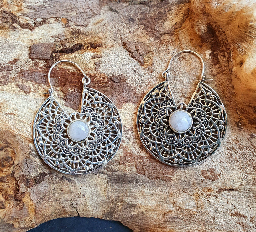 Silver Ethnic Moonstone Earrings Ethnic, rustic, yoga, hippie, gypsy, pretty, psy, boho, bohemian, festival