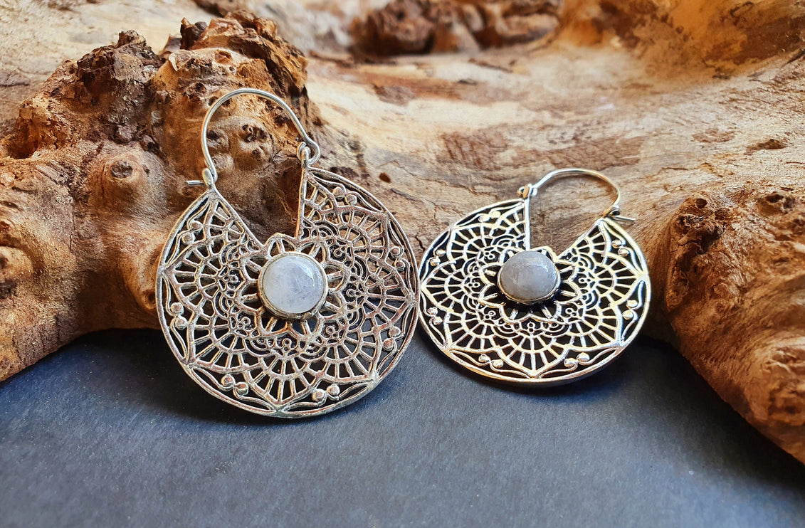 Silver Ethnic Moonstone Earrings Ethnic, rustic, yoga, hippie, gypsy, pretty, psy, boho, bohemian, festival