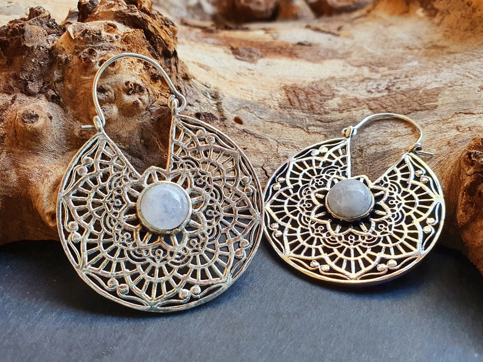 Silver Ethnic Moonstone Earrings Ethnic, rustic, yoga, hippie, gypsy, pretty, psy, boho, bohemian, festival