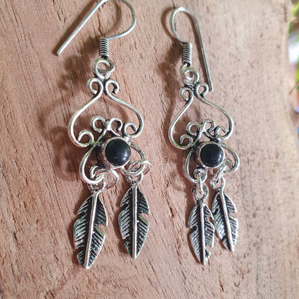 Black Onyx Silver Feather Drop Dangle earrings / Birth Stone / Ethnic / rustic, yoga, hippie, gypsy, pretty, psy, boho, bohemian, festival