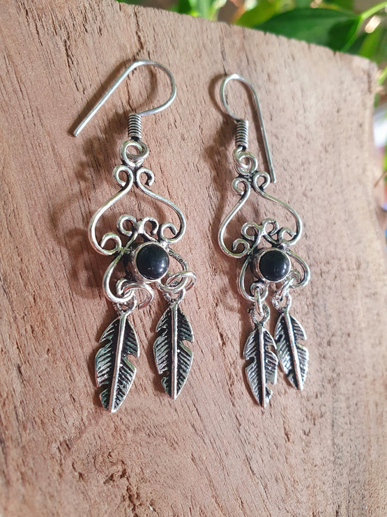 Black Onyx Silver Feather Drop Dangle earrings / Birth Stone / Ethnic / rustic, yoga, hippie, gypsy, pretty, psy, boho, bohemian, festival