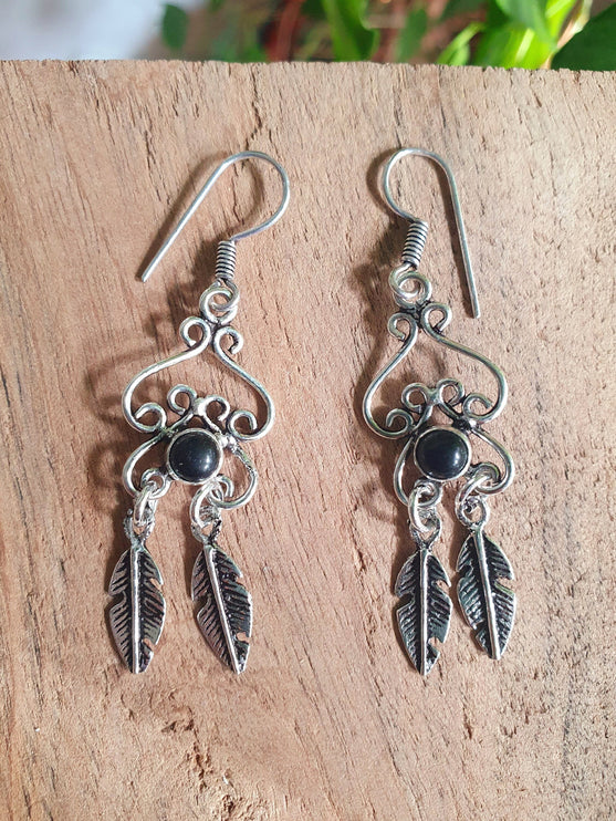 Black Onyx Silver Feather Drop Dangle earrings / Birth Stone / Ethnic / rustic, yoga, hippie, gypsy, pretty, psy, boho, bohemian, festival