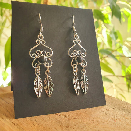 Black Onyx Silver Feather Drop Dangle earrings / Birth Stone / Ethnic / rustic, yoga, hippie, gypsy, pretty, psy, boho, bohemian, festival