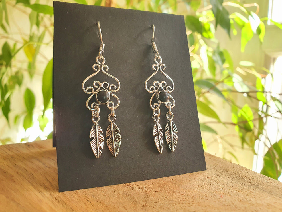 Black Onyx Silver Feather Drop Dangle earrings / Birth Stone / Ethnic / rustic, yoga, hippie, gypsy, pretty, psy, boho, bohemian, festival