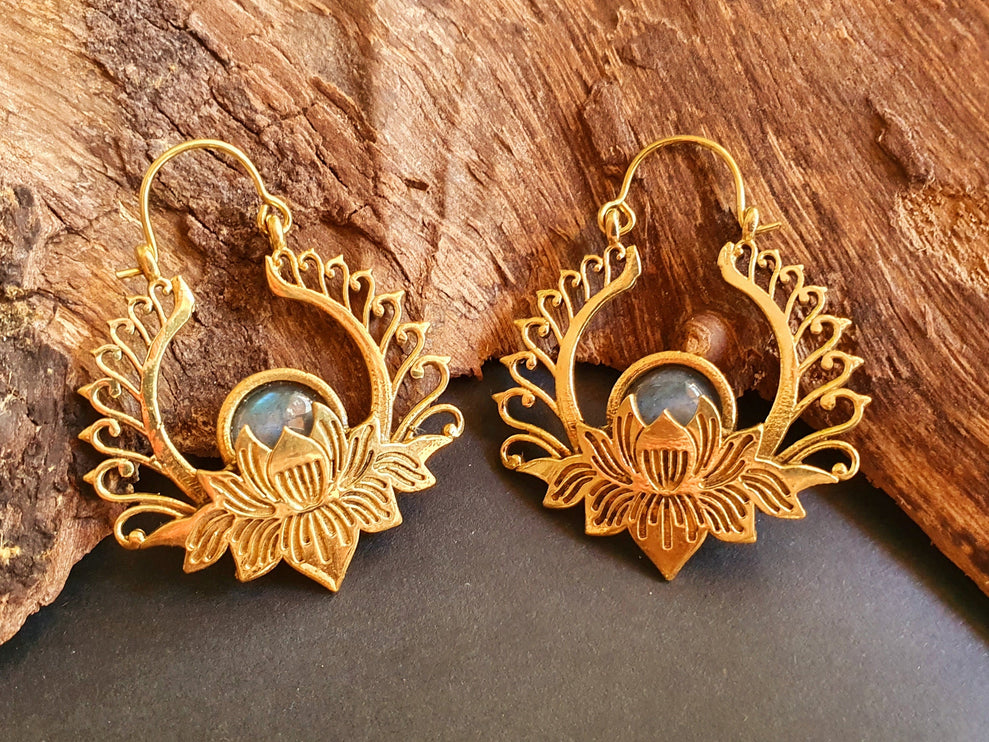 Golden Lotus Flower Labradorite Earrings rustic, yoga, hippie, gypsy, pretty, psy, boho, bohemian, festival