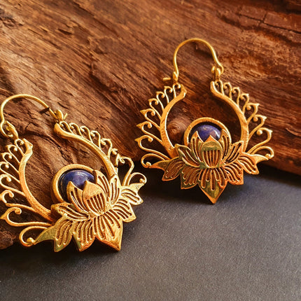 Golden Lotus Flower Lapis Lazuli Earrings rustic, yoga, hippie, gypsy, pretty, psy, boho, bohemian, festival