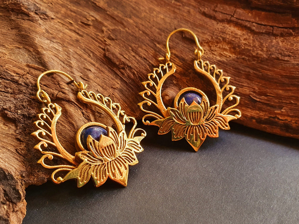 Golden Lotus Flower Lapis Lazuli Earrings rustic, yoga, hippie, gypsy, pretty, psy, boho, bohemian, festival