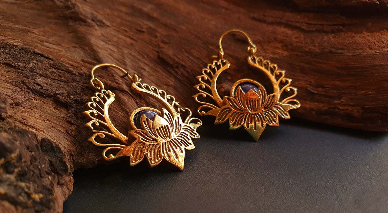 Golden Lotus Flower Lapis Lazuli Earrings rustic, yoga, hippie, gypsy, pretty, psy, boho, bohemian, festival