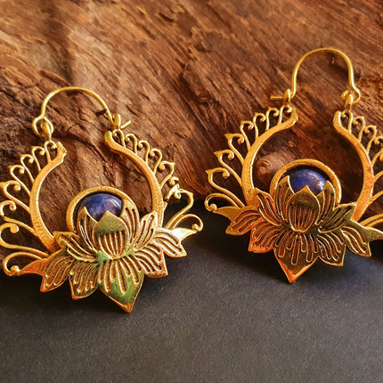 Golden Lotus Flower Lapis Lazuli Earrings rustic, yoga, hippie, gypsy, pretty, psy, boho, bohemian, festival