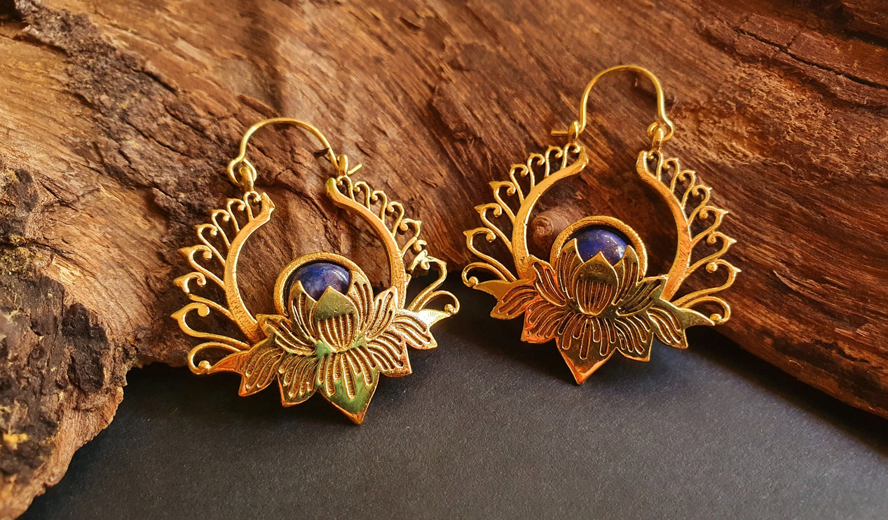 Golden Lotus Flower Lapis Lazuli Earrings rustic, yoga, hippie, gypsy, pretty, psy, boho, bohemian, festival