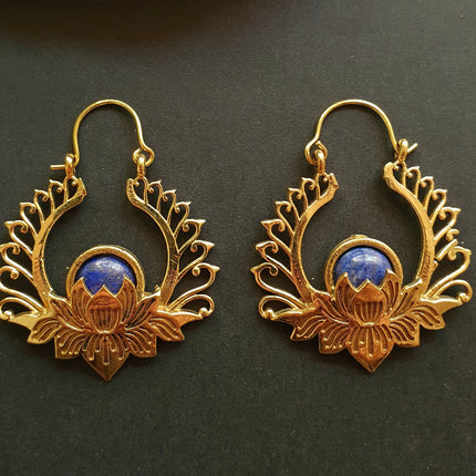 Golden Lotus Flower Lapis Lazuli Earrings rustic, yoga, hippie, gypsy, pretty, psy, boho, bohemian, festival