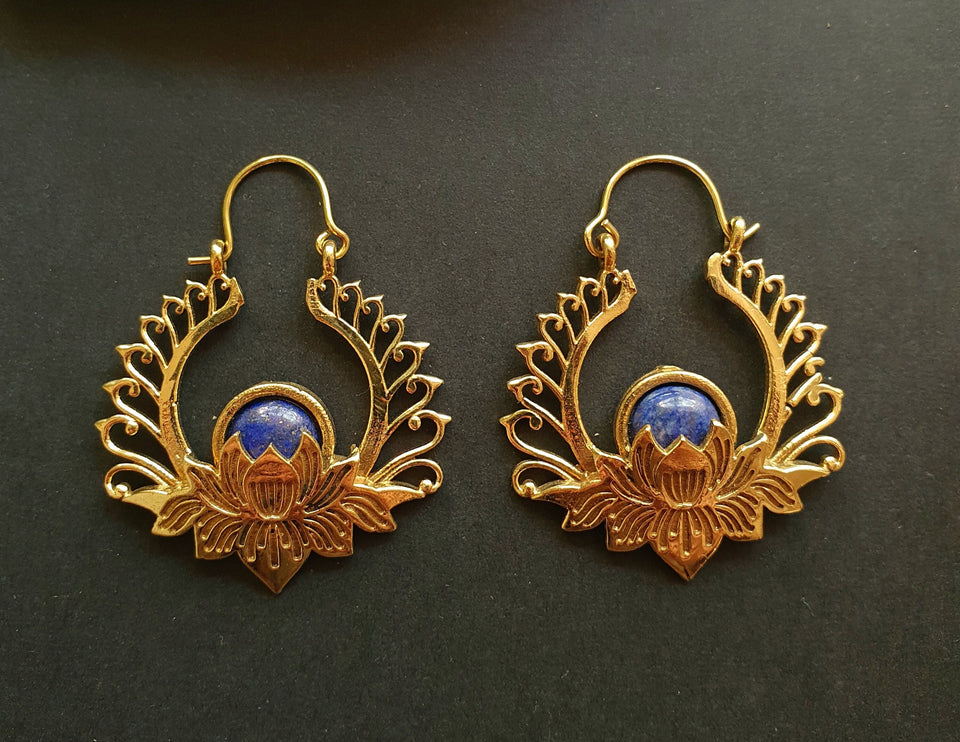 Golden Lotus Flower Lapis Lazuli Earrings rustic, yoga, hippie, gypsy, pretty, psy, boho, bohemian, festival