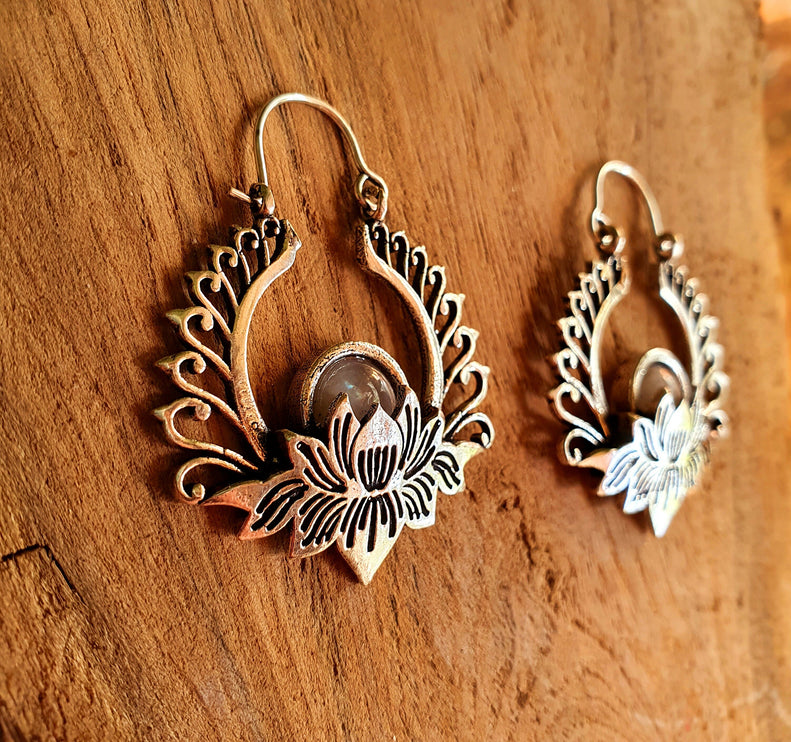 Silver Lotus Flower Moonstone Earrings rustic, yoga, hippie, gypsy, pretty, psy, boho, bohemian, festival