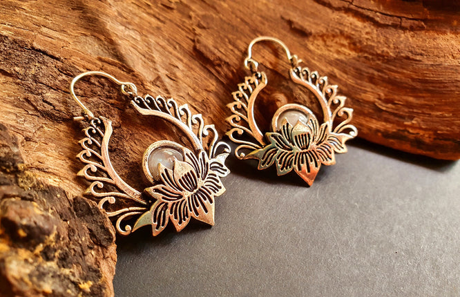 Silver Lotus Flower Moonstone Earrings rustic, yoga, hippie, gypsy, pretty, psy, boho, bohemian, festival